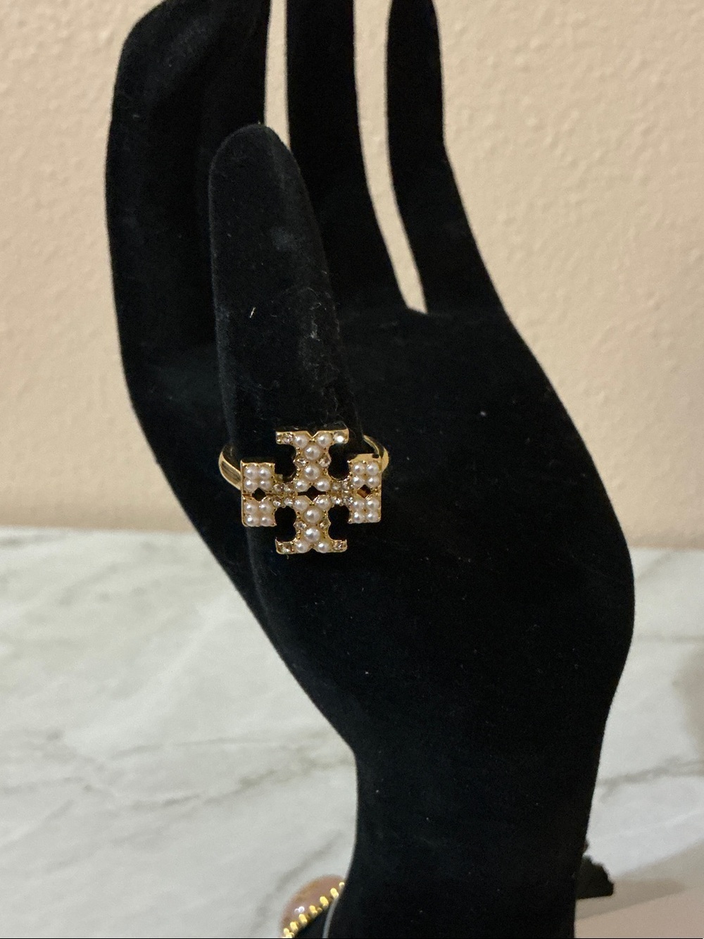 Tory Burch Gold-Tone Logo Ring with Pearls